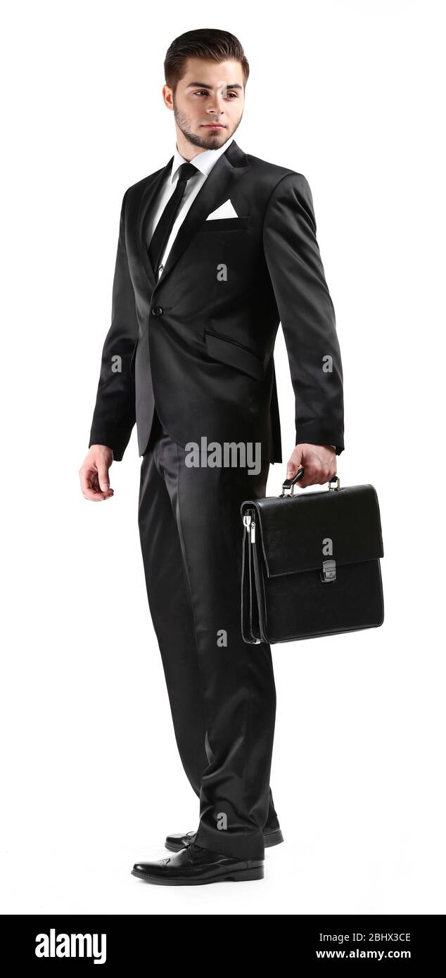 Elegant man in suit with briefcase isolated on white Stock Photo - Alamy