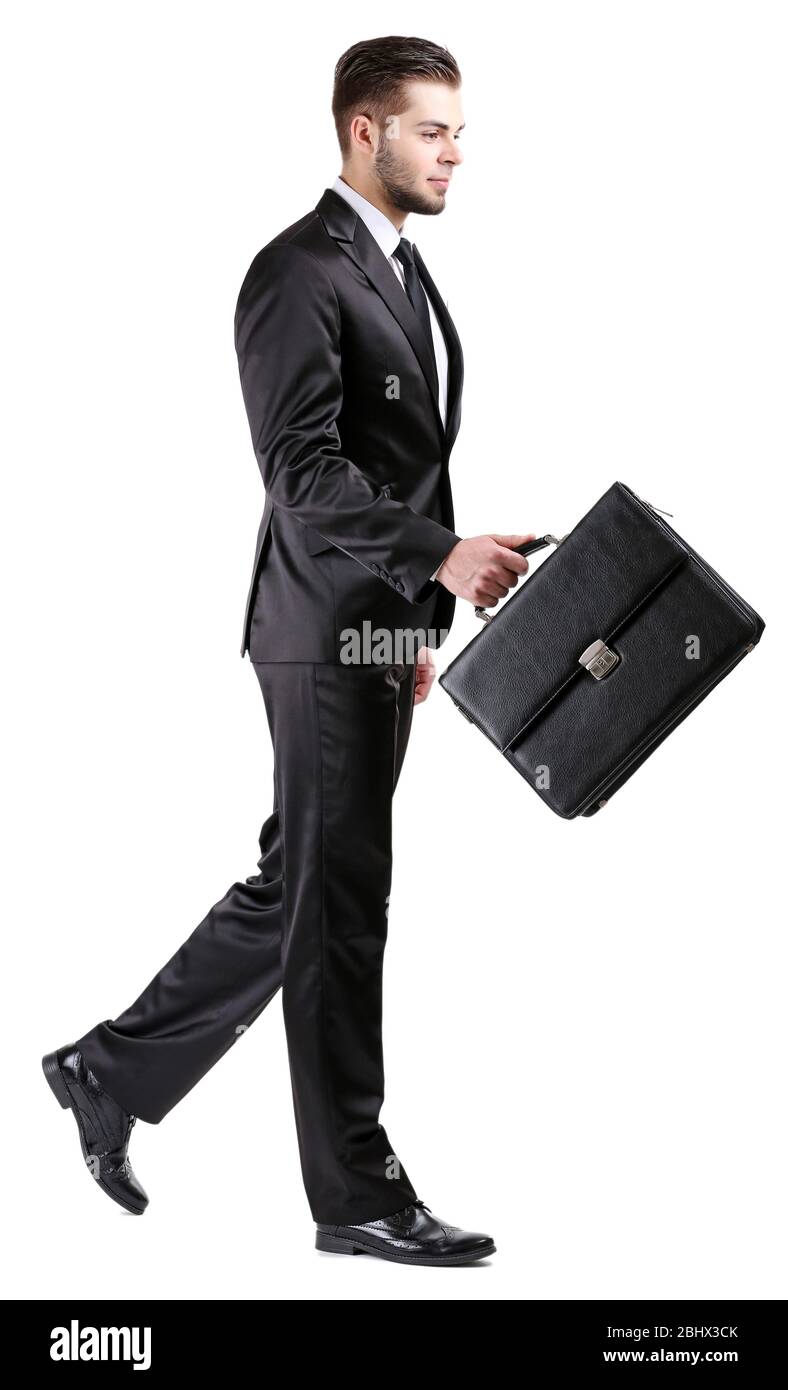 Elegant man in suit with briefcase isolated on white Stock Photo - Alamy