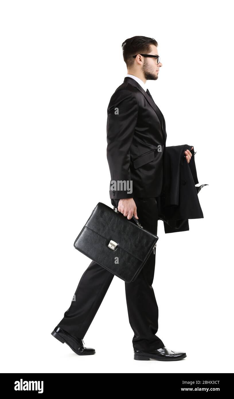 Elegant man in suit with briefcase isolated on white Stock Photo - Alamy