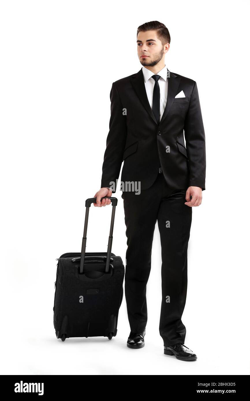 Elegant man in suit with suitcase isolated on white Stock Photo - Alamy