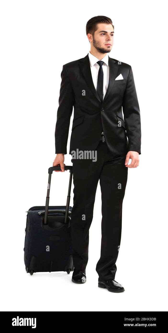 Elegant man in suit with suitcase isolated on white Stock Photo - Alamy