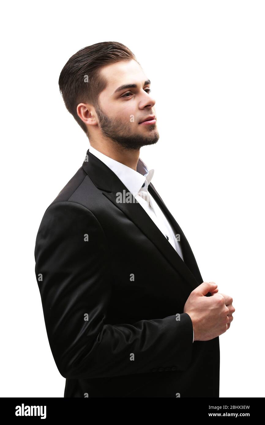 Elegant man in suit isolated on white Stock Photo - Alamy