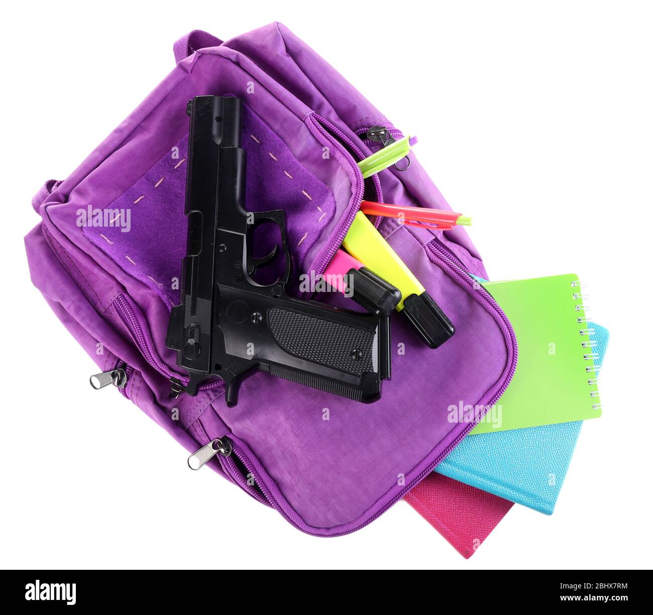 Gun in school backpack, isolated on white Stock Photo Alamy