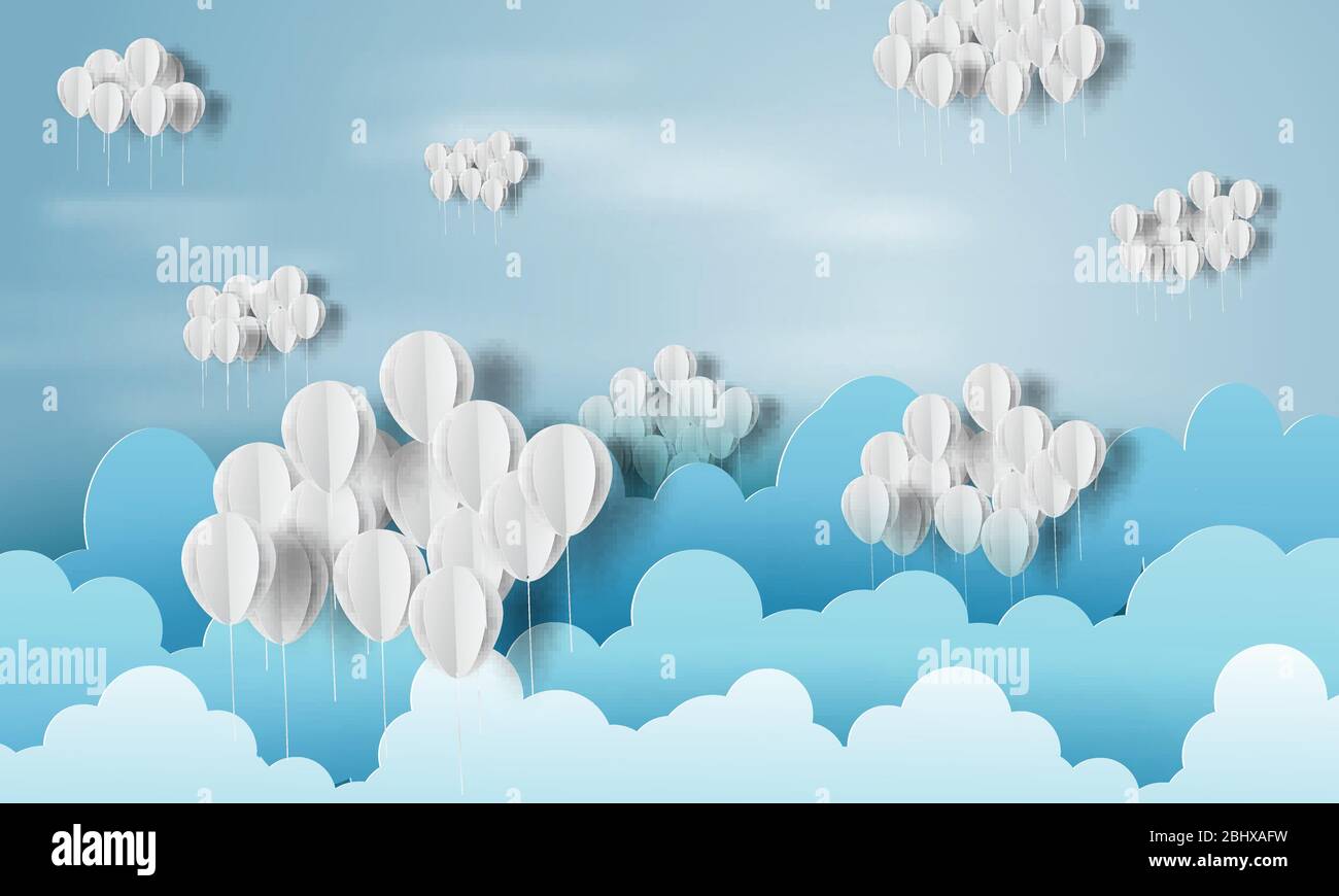 Paper art of balloon white with cloud on blue sky concept vector Stock ...