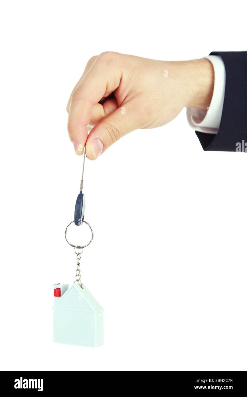 Hand with key isolated on white Stock Photo - Alamy