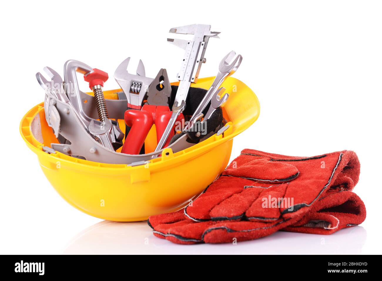 Construction tools in helmet close up Stock Photo