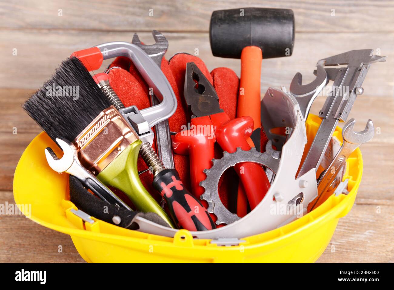 Construction tools in helmet close up Stock Photo