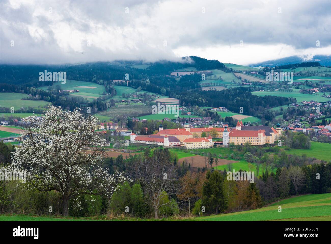 Vorau: Vorau Abbey, blooming fruit trees, in Steirisches Thermenland - Oststeiermark, Steiermark, Styria, Austria Stock Photo