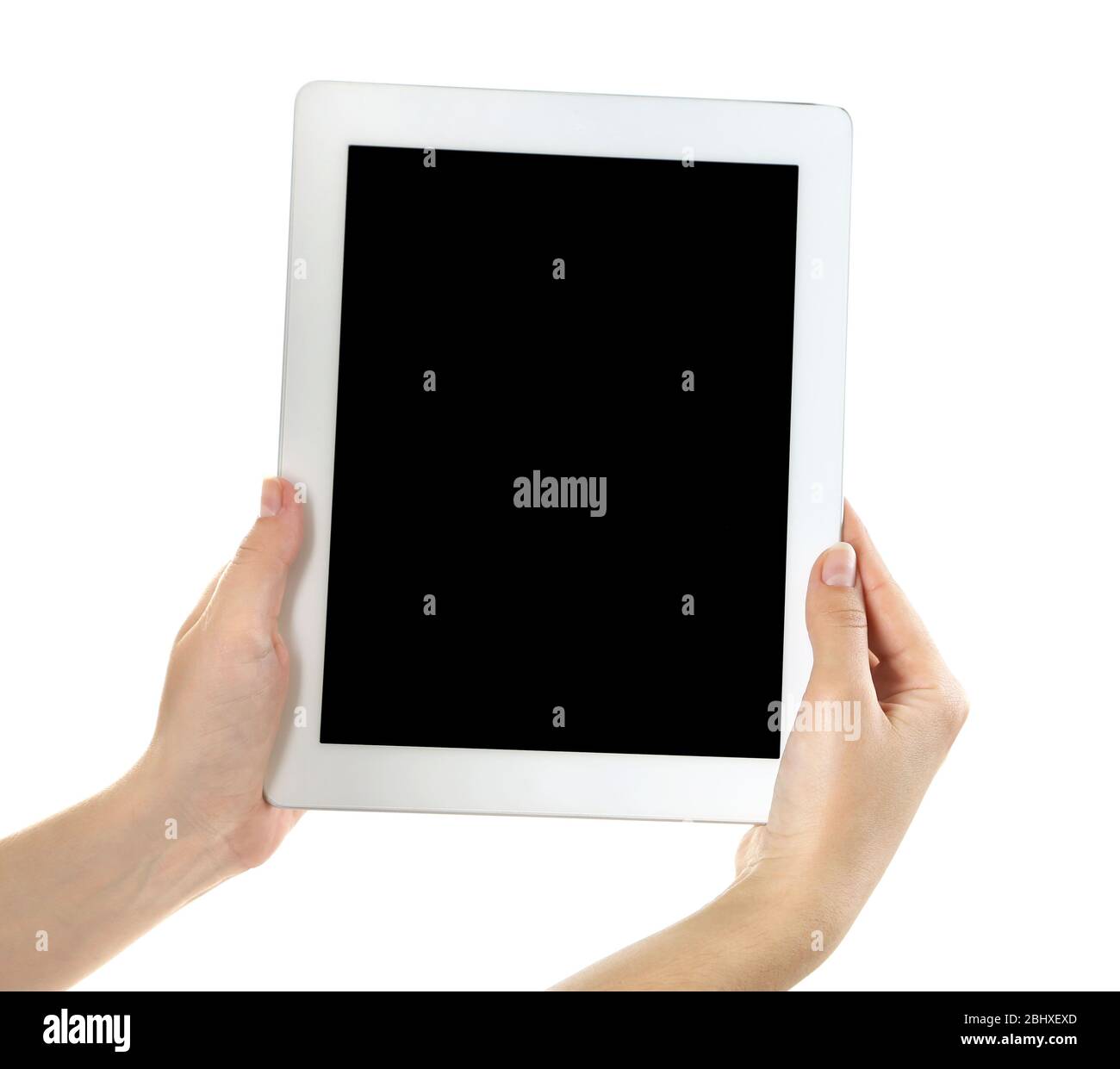 Female hands holding digital tablet isolated on white Stock Photo - Alamy