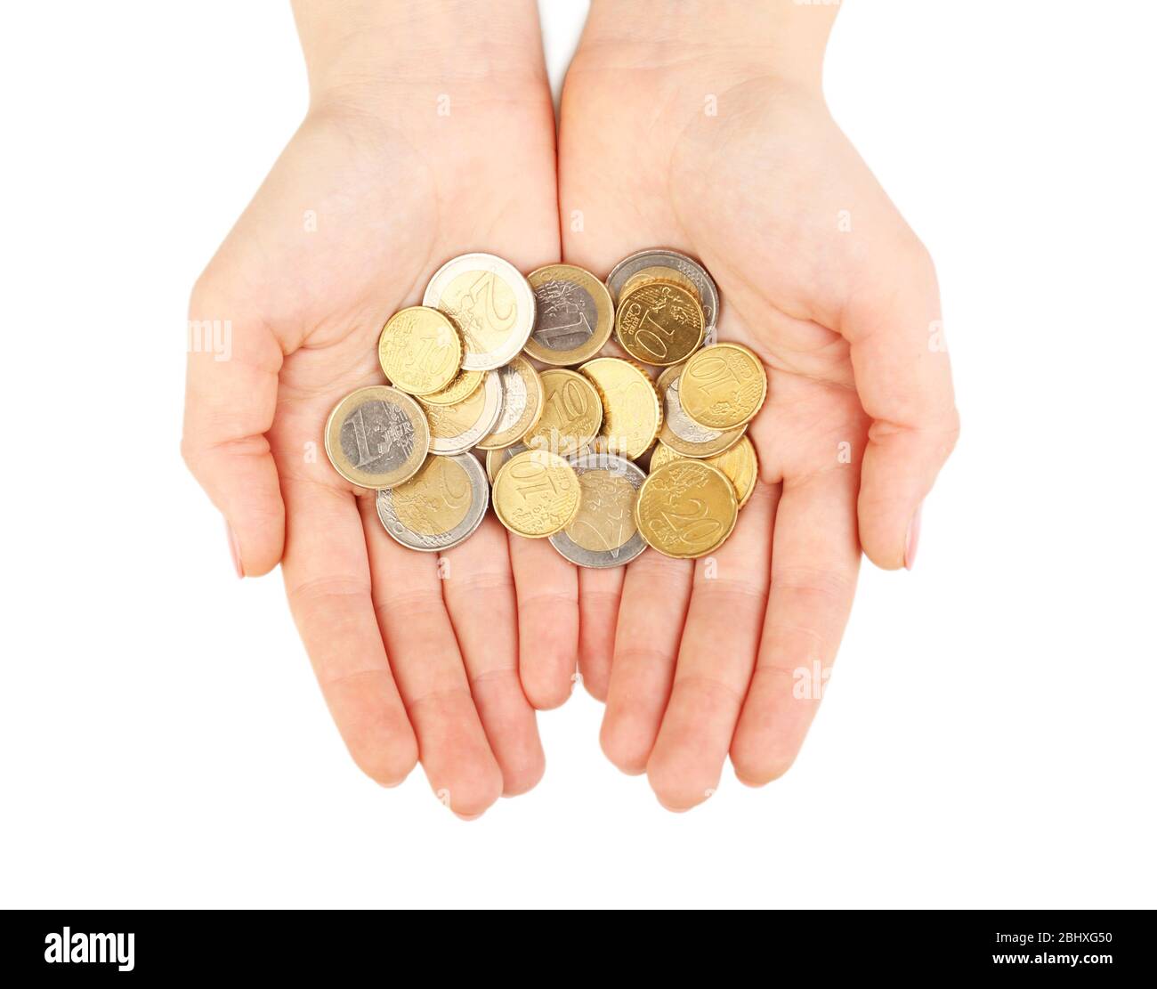 Female hands with coins isolated on white Stock Photo - Alamy