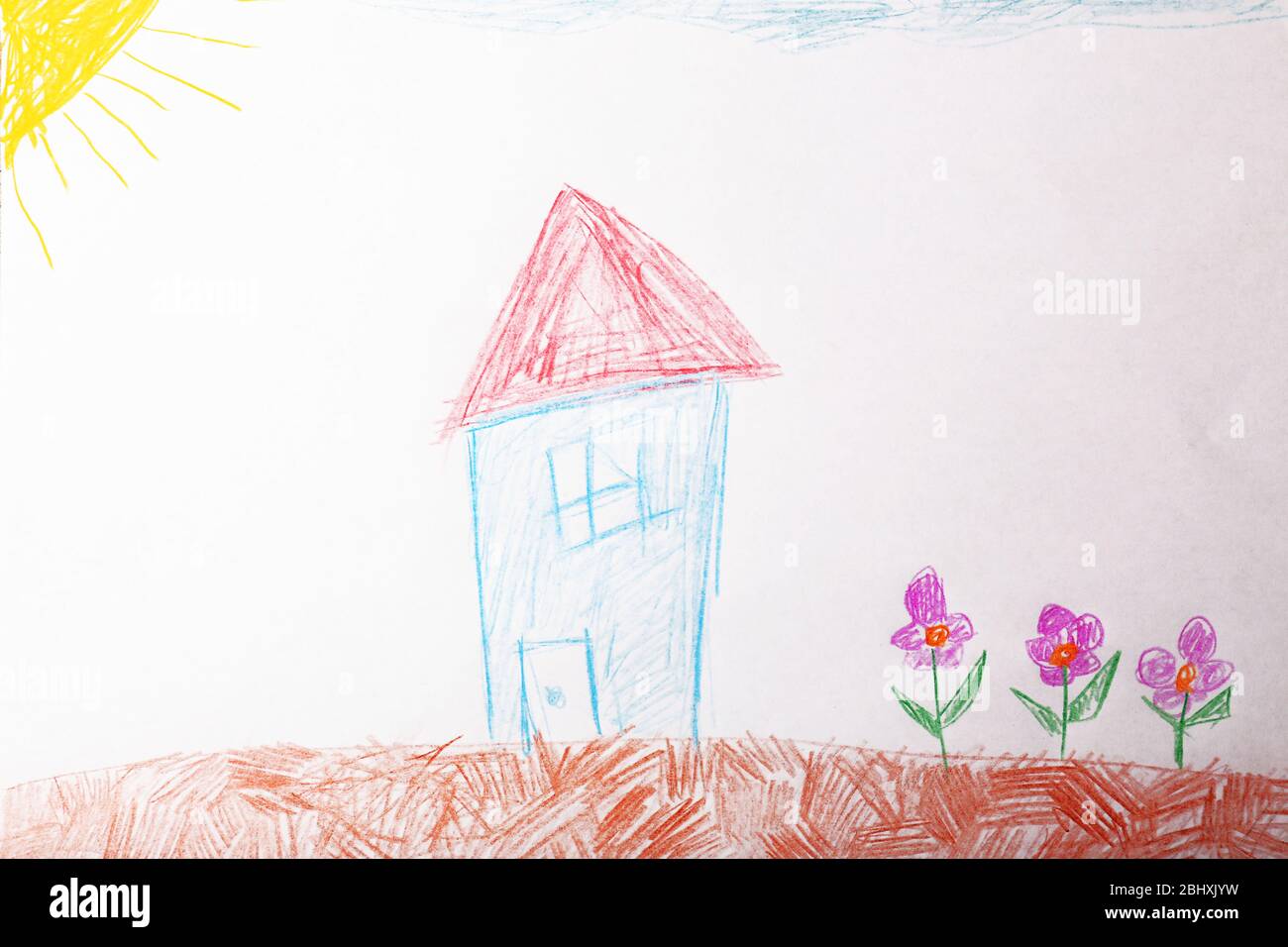 Kids drawing on white sheet of paper background Stock Photo by