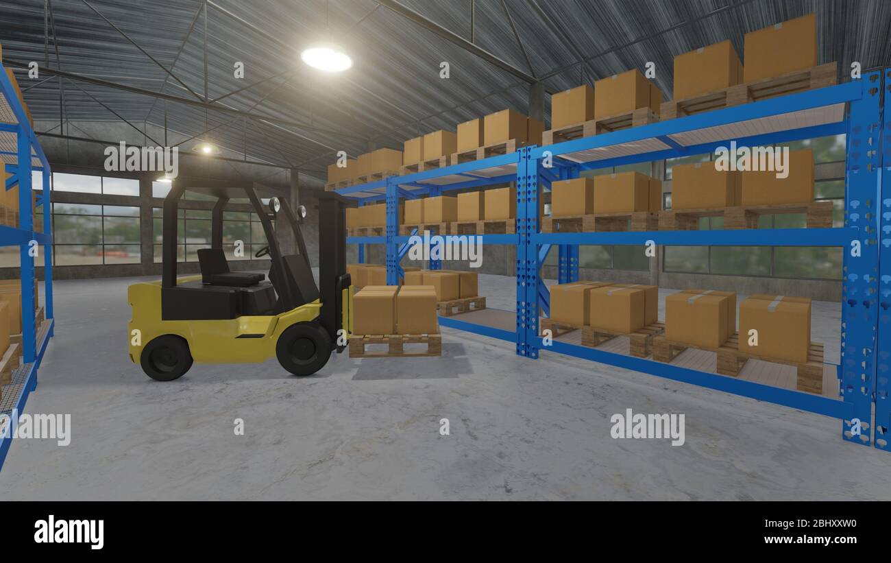 3D illustration of forklift truck loading pallet of products in the ...