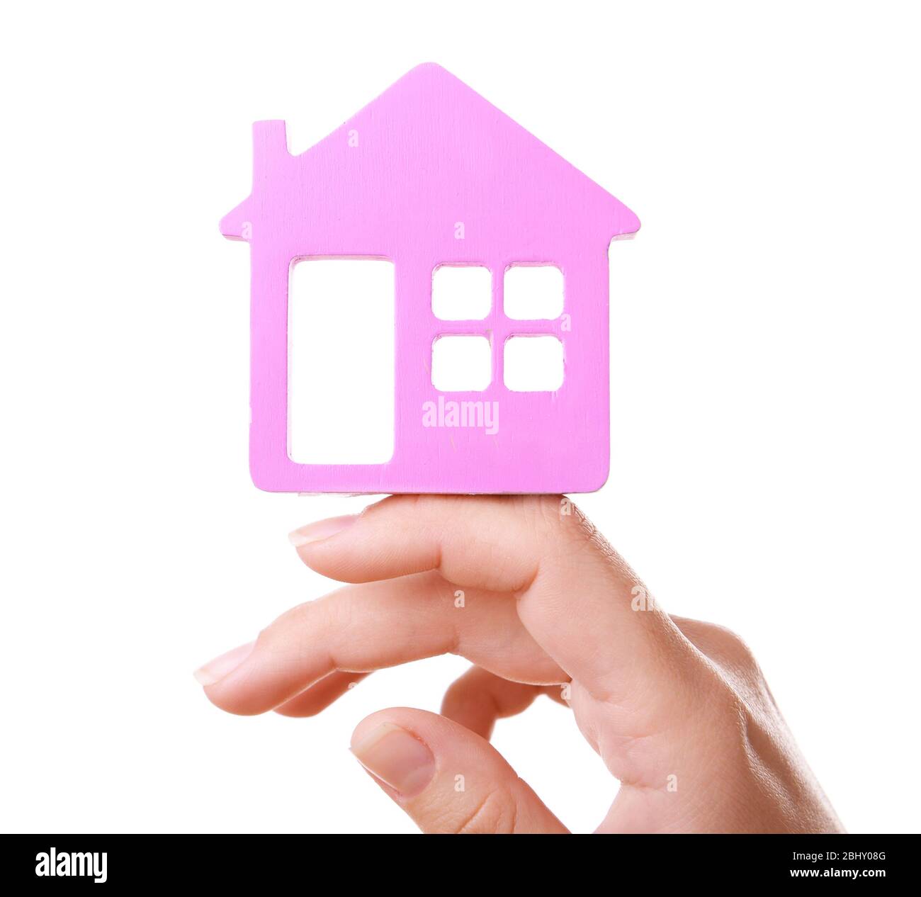 Female hand with small model of house isolated on white Stock Photo - Alamy