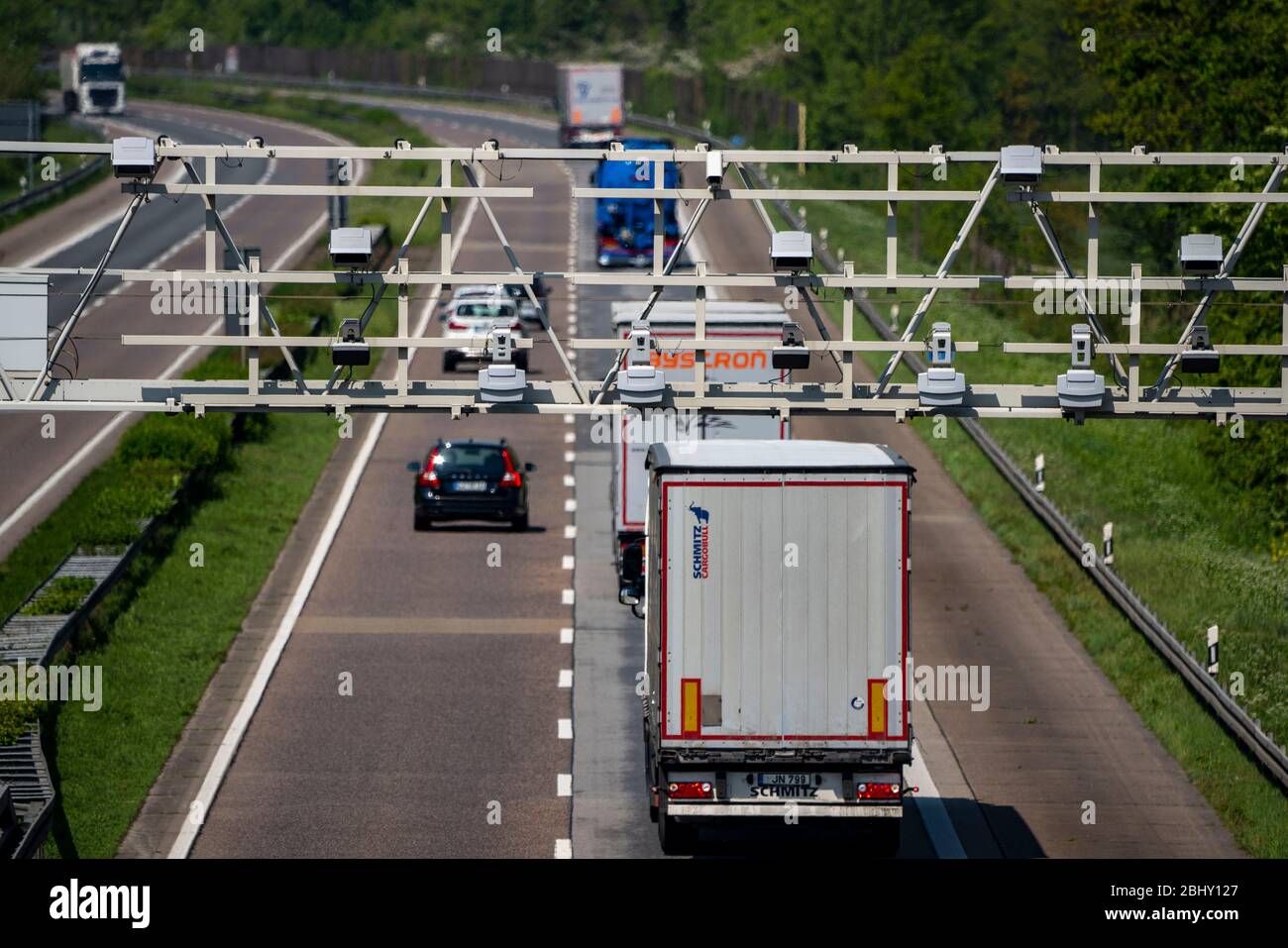Toll bridge, for recording motorway tolls, on the A3 motorway near ...