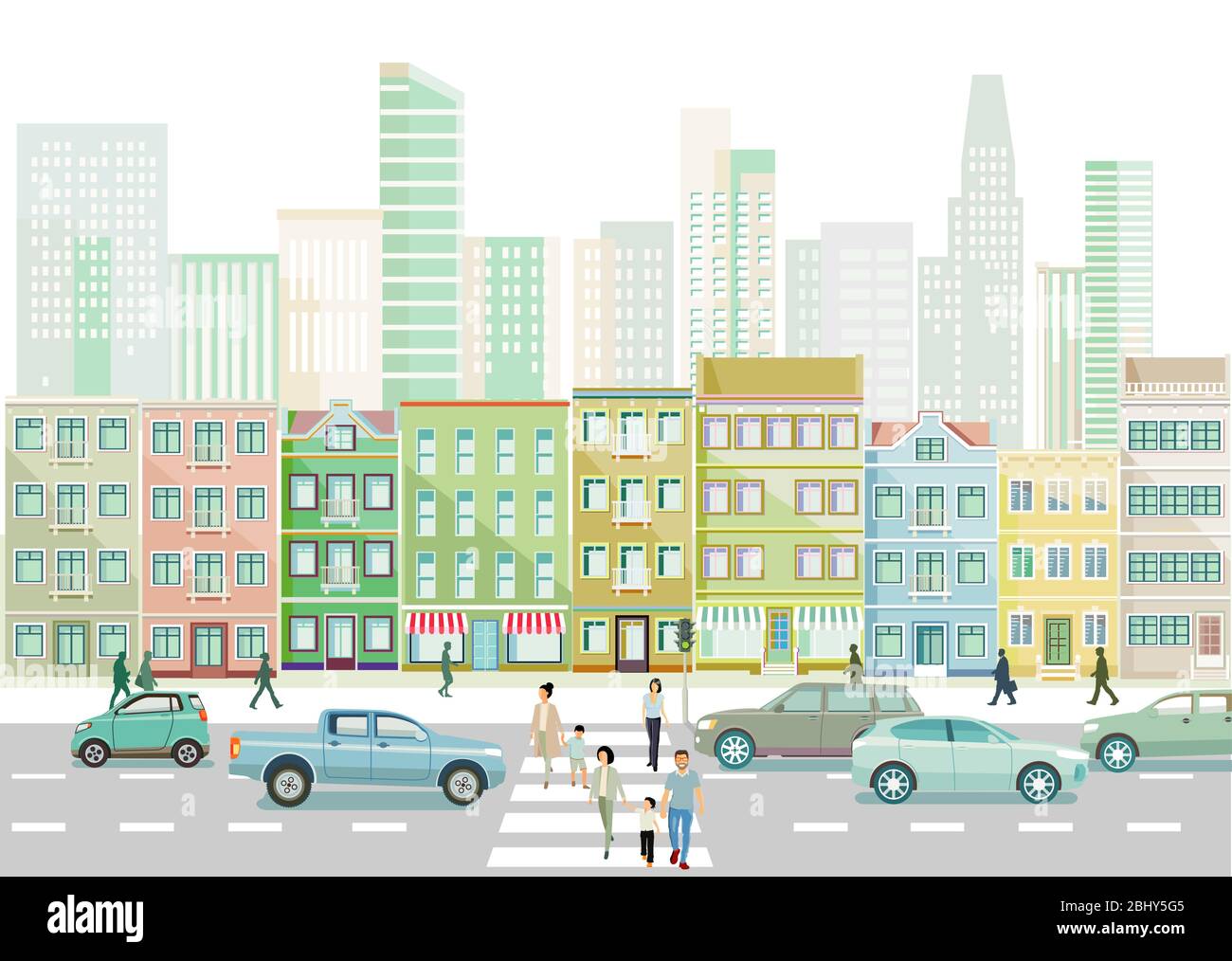 City with traffic, apartment buildings and pedestrians on the sidewalk Stock Vector