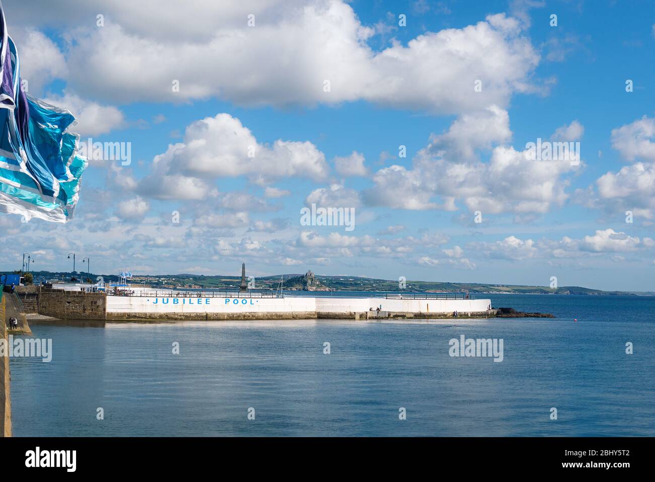 Jubilee Pool, Penzance, Cornwall, UK: Art deco, sea water filled lido at Penzance, Cornwall. St Michael's Mount in background Stock Photo