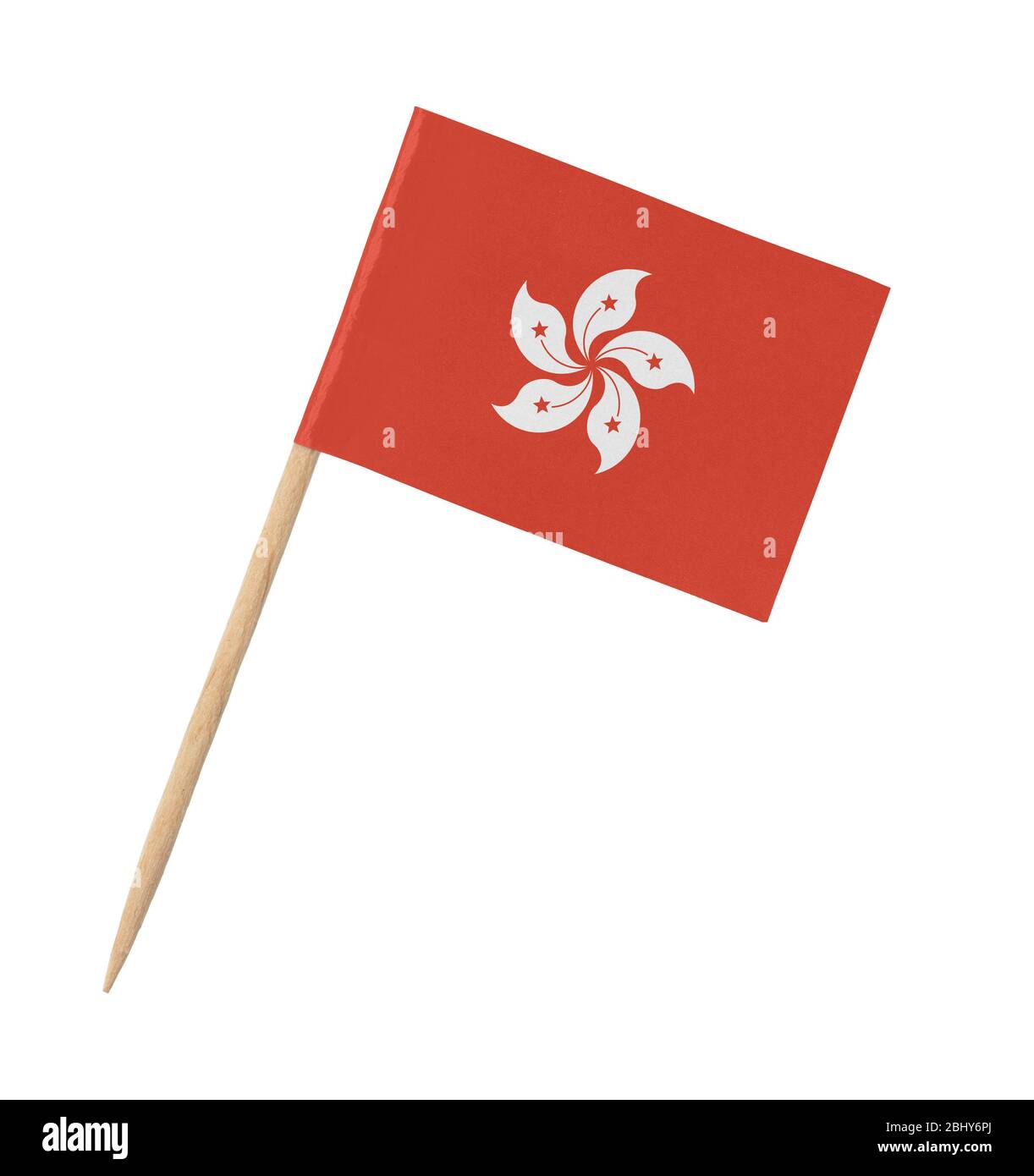 Small paper flag of Hong Kong on wooden stick, isolated on white Stock Photo
