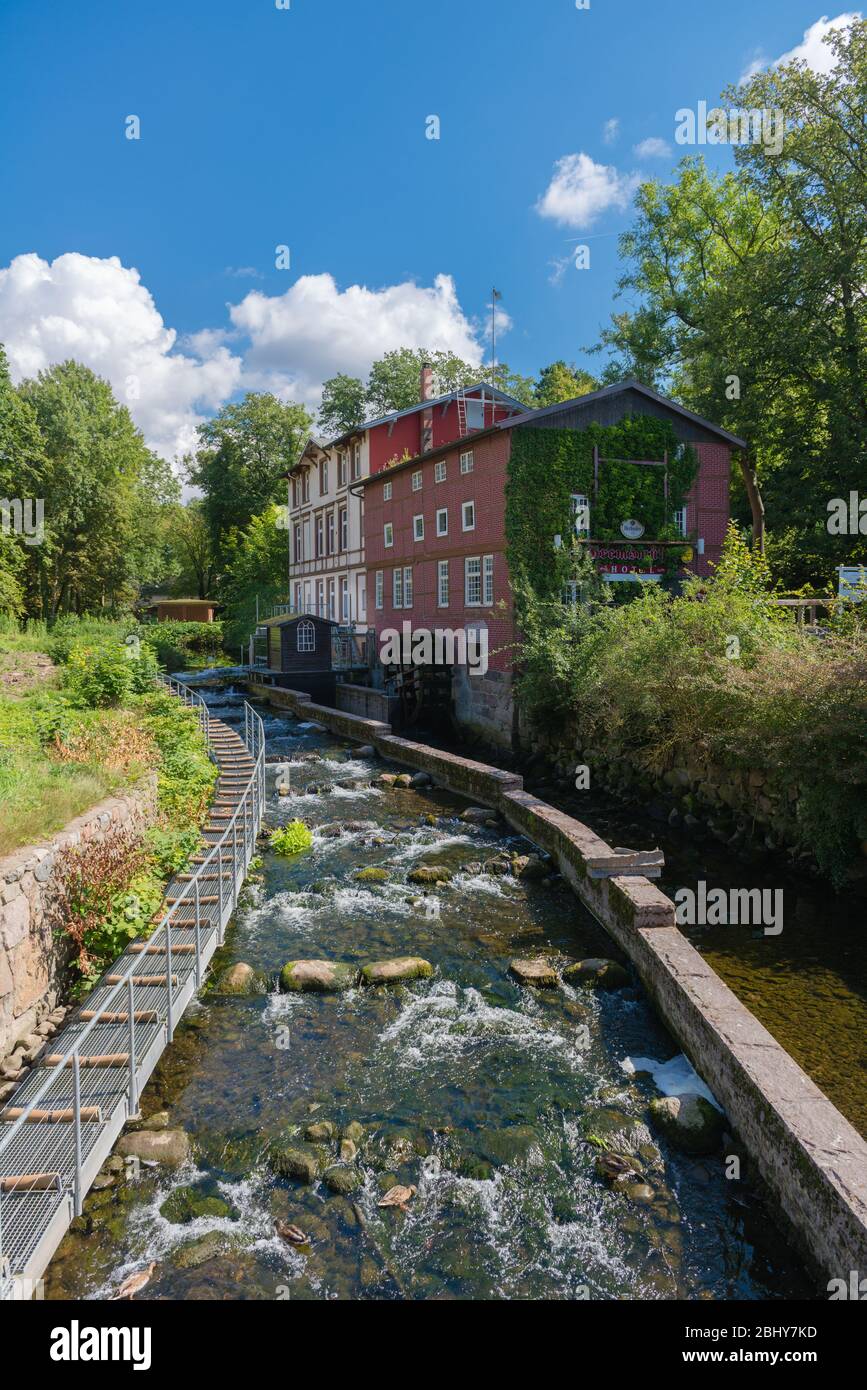 Old water mill on Schwentine River, Bad Malente, Holstein Switzerland, District East Holstein, Schleswig-Holstein, North Germany,indutry, Stock Photo