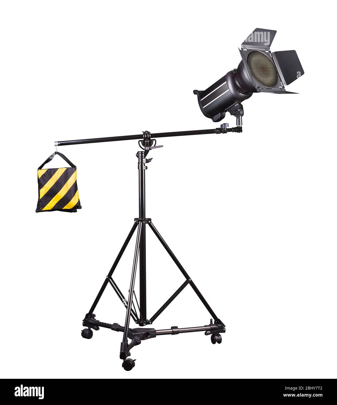 Photography studio flash on a lighting stand isolated on white