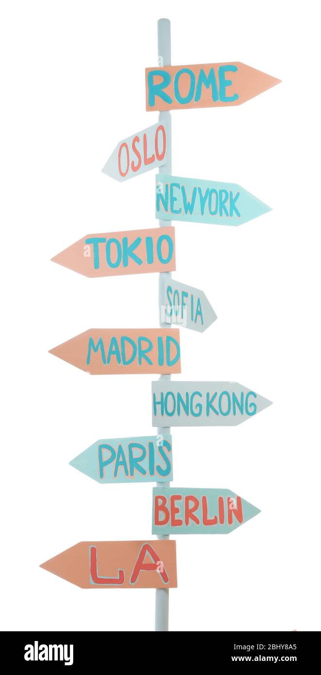 Direction signpost to many different countries isolated on white Stock ...