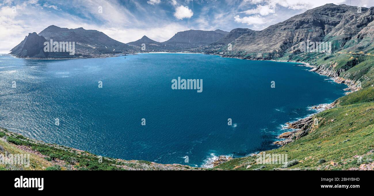 Stitched Panoramic scenic view of Houts Bay along Chapmans peak drive cape town South Africa Stock Photo