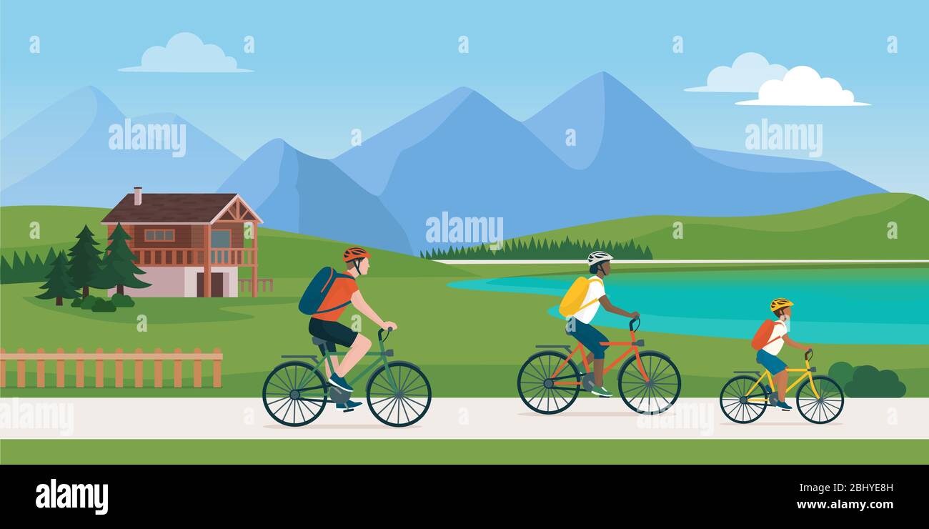 Happy family having a safe travel cycling in nature, social distancing and healthy vacations concept Stock Vector