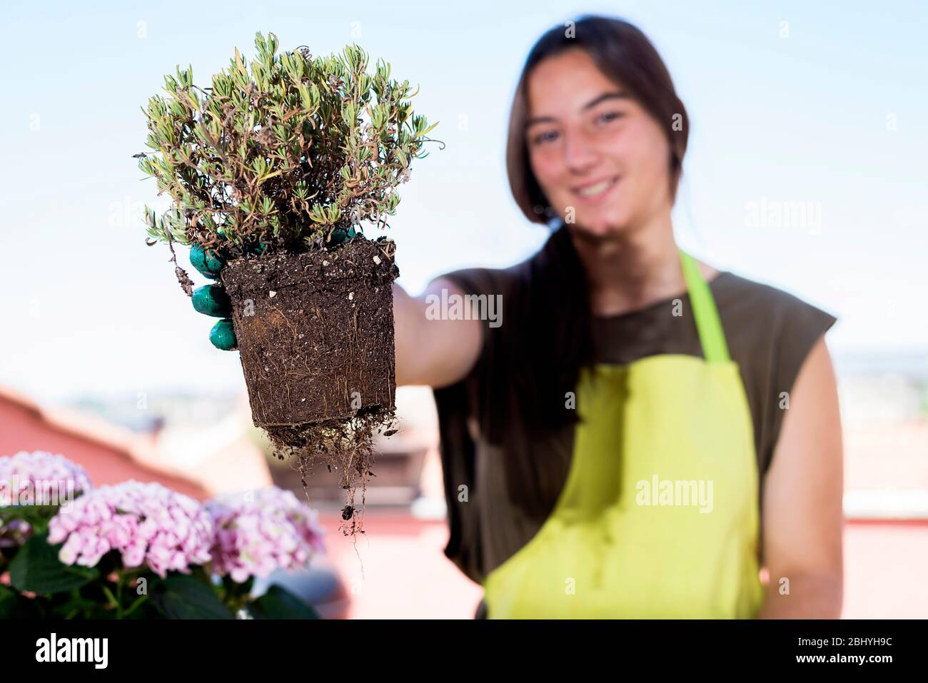 Smiling young female wearing a gardener apron showing a plant at home terrace Stock Photo