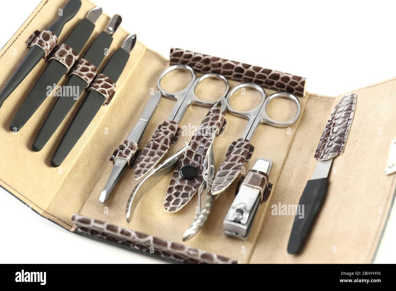 Manicure set in open case, closeup Stock Photo
