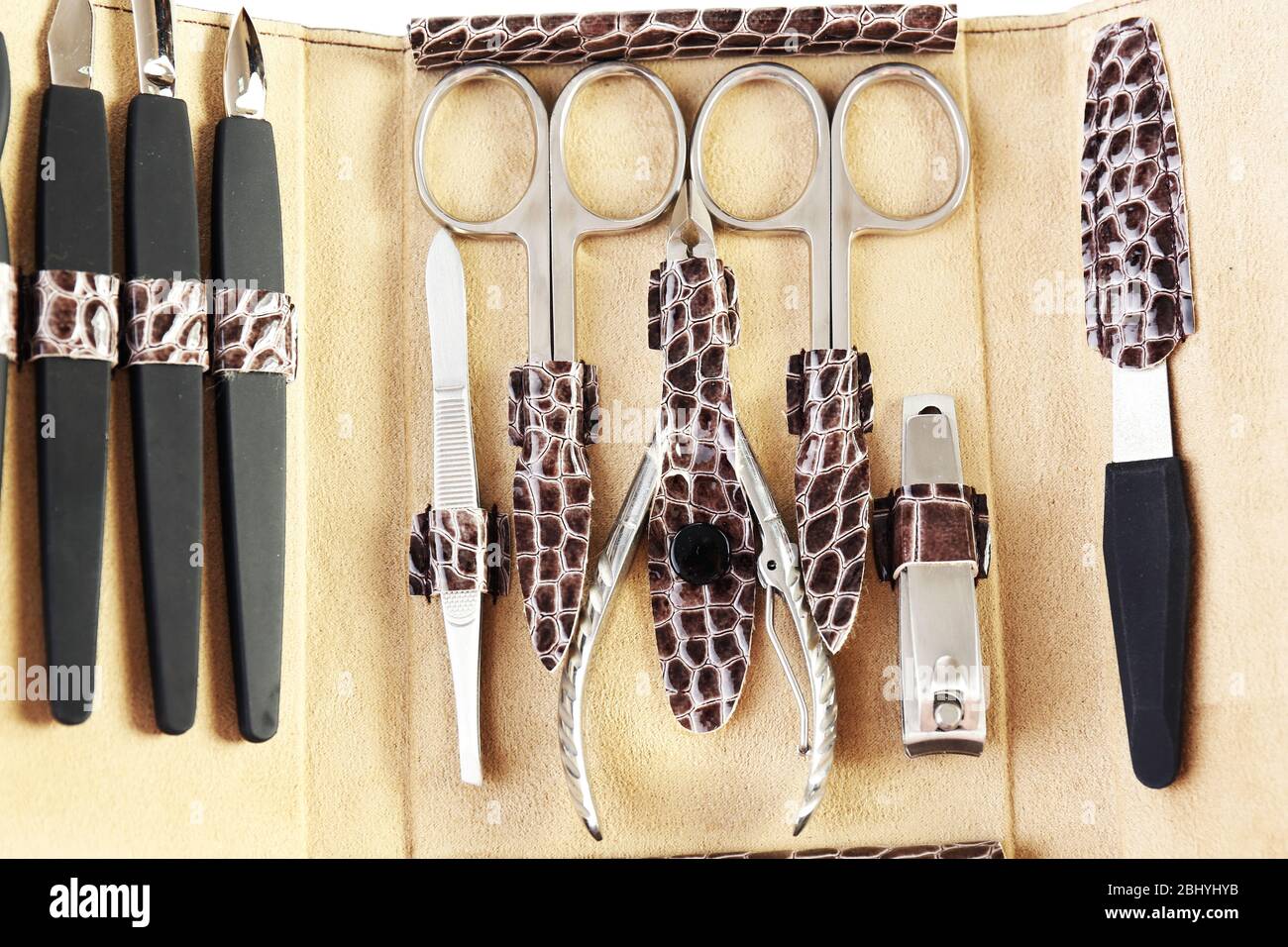 Manicure set in open case, closeup Stock Photo