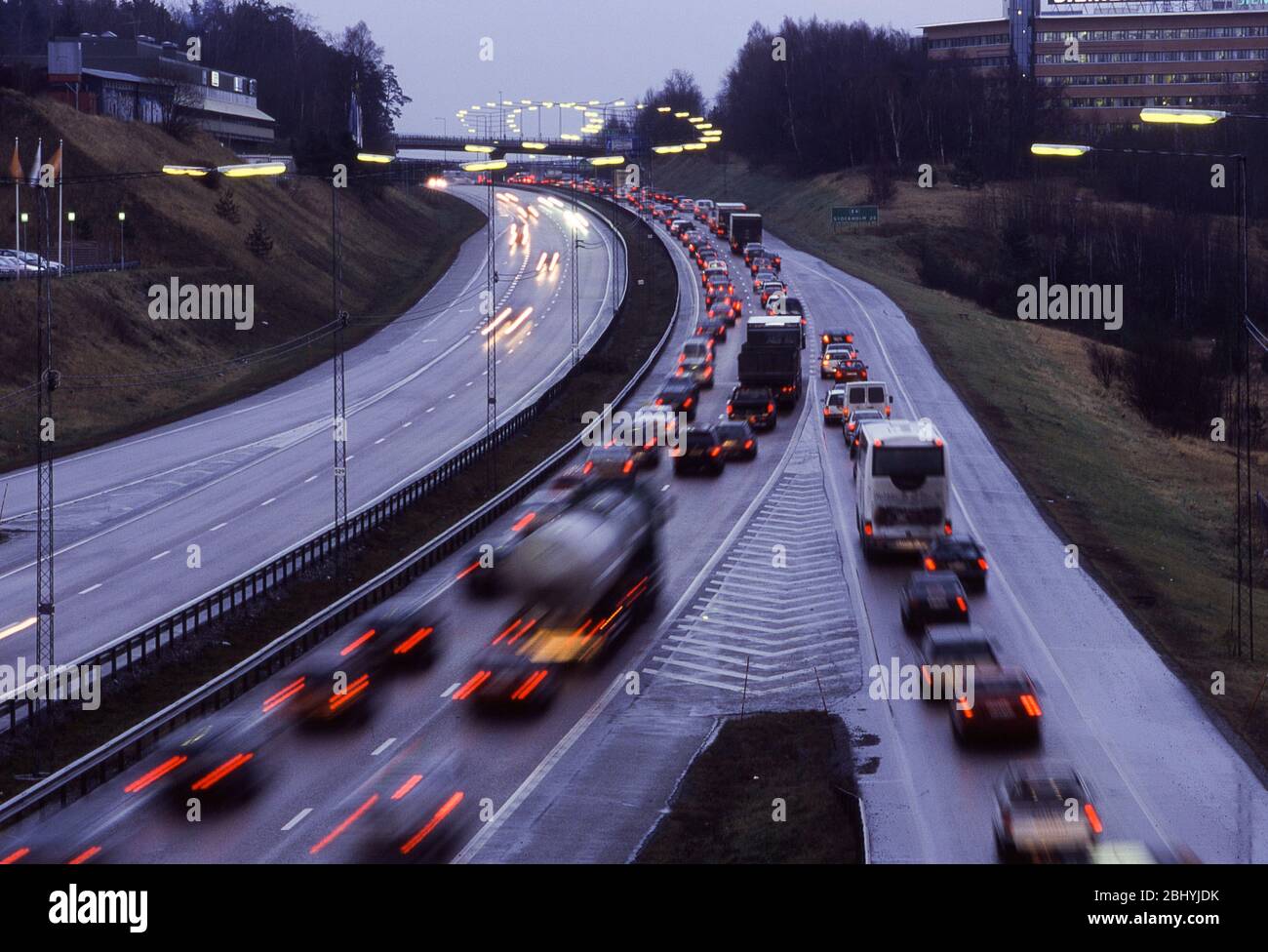 Car queue at E: 4an in the direction of Stockholm. Stock Photo