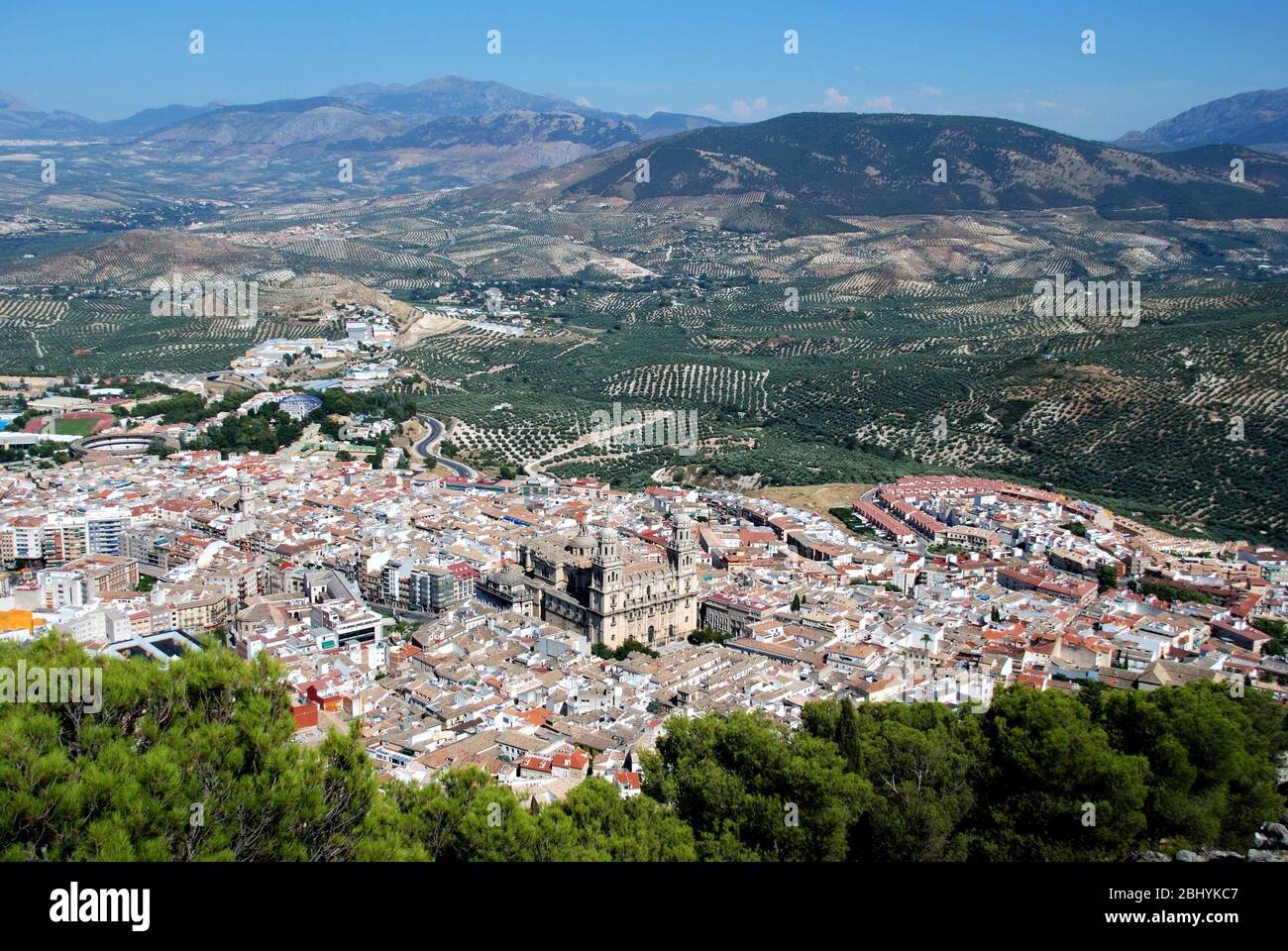 View across the city rooftops with the Cathedral in the centre, Jaen, Jaen Province, Andalucia, Spain, Western Europe Stock Photo