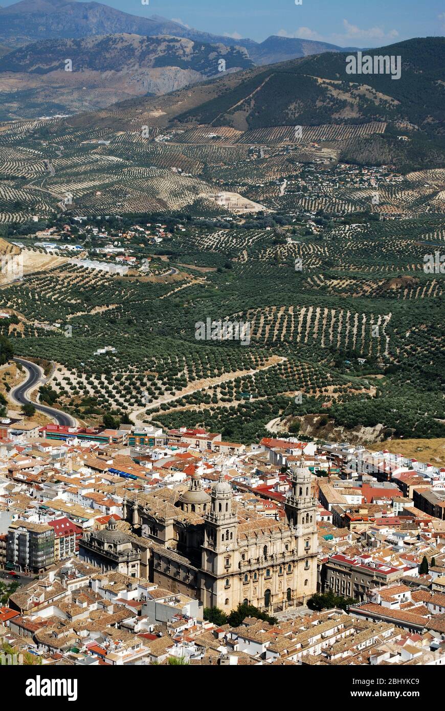 View across the city rooftops with the Cathedral in the centre and olive groves to the rear, Jaen, Jaen Province, Andalucia, Spain, Western Europe Stock Photo