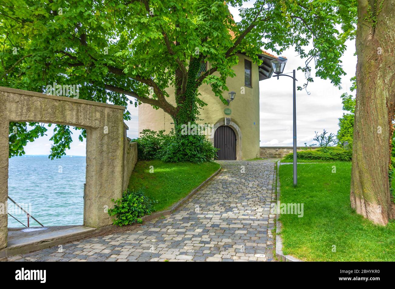 The historic gunpowder tower of the old town fortification on the Northwest bank of the Old Town of Lindau in Lake Constance, Bavaria, Germany. Stock Photo