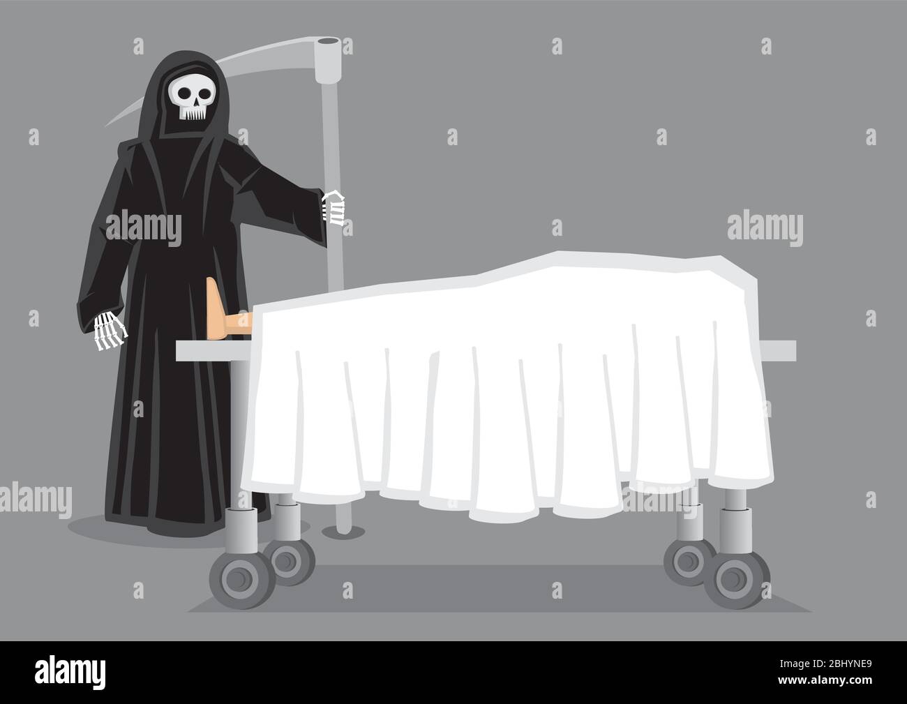 Skeletal figure in black hooded cloak carrying a scythe standing beside a corpse draped in white sheet on wheeled bed. Creative vector cartoon illustr Stock Vector