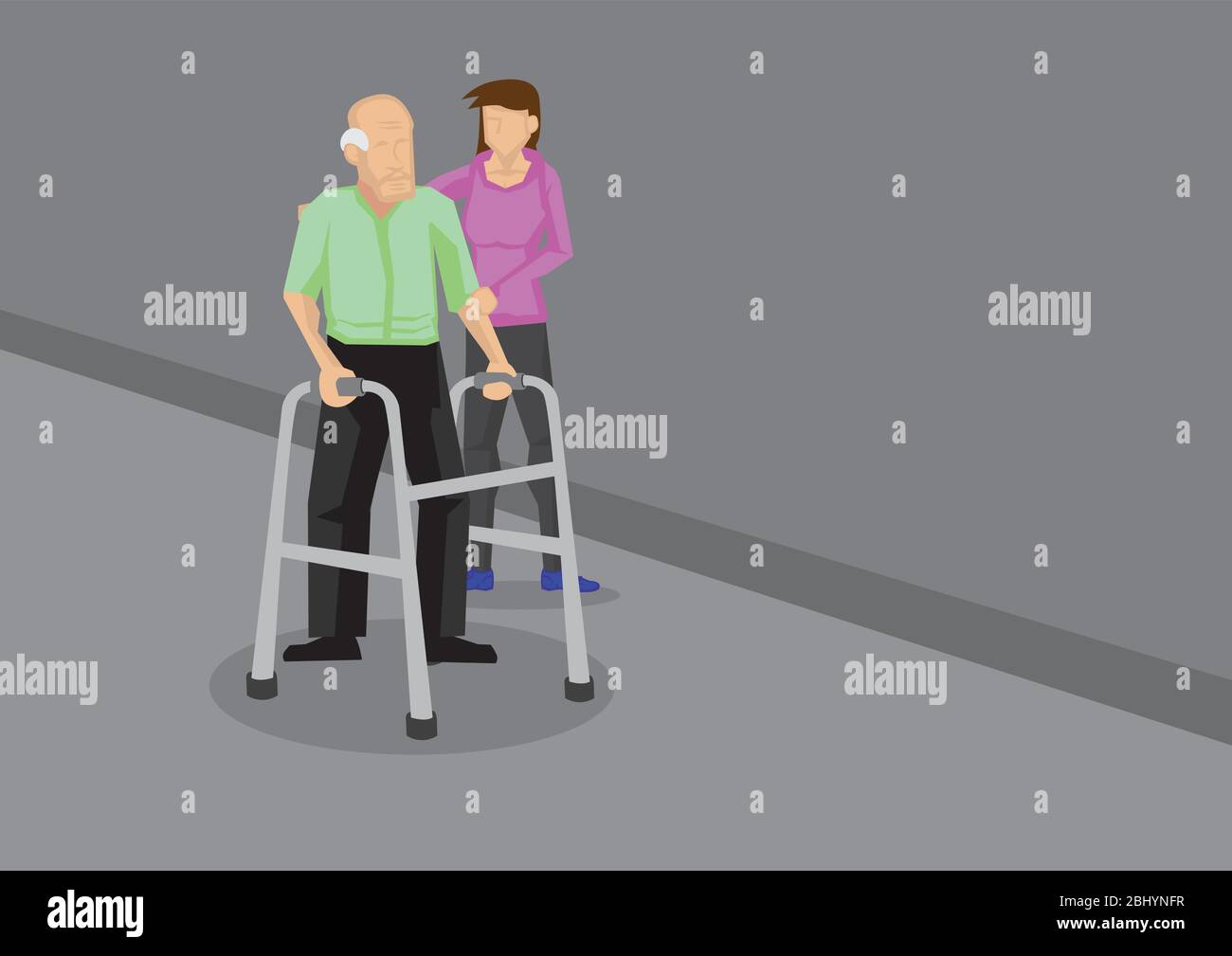 Young woman holding on to an old man with a walking frame. Vector cartoon illustration in caring for elderly concept. Stock Vector