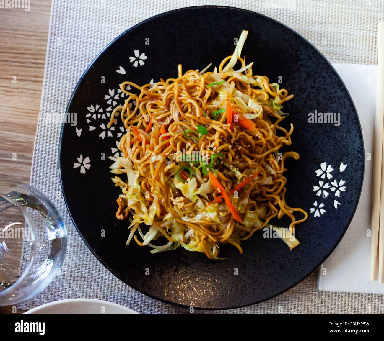 Traditional Japanese stir-fried noodles with vegetables, Yakisoba Stock