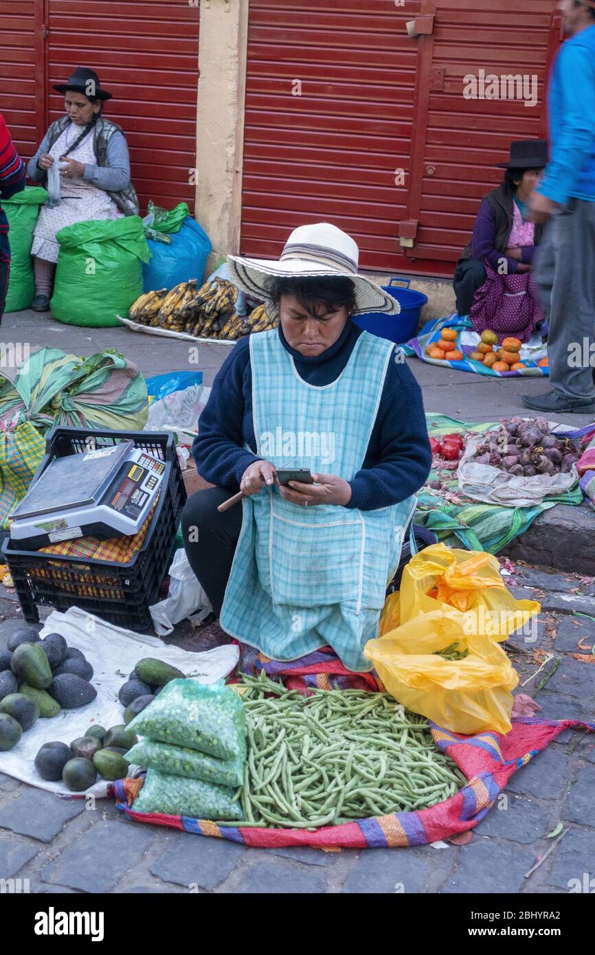 Local lady selling her produce at San Pedro Market in Cusco, Peru Stock Photo