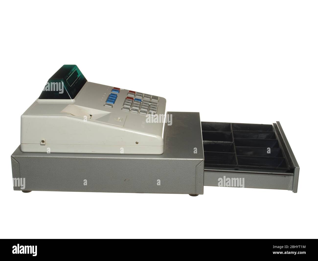 Cash register on a white background. Drawer is open and empty, isolated