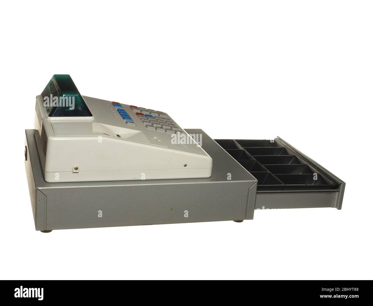 Cash register on a white background. Drawer is open and empty, isolated