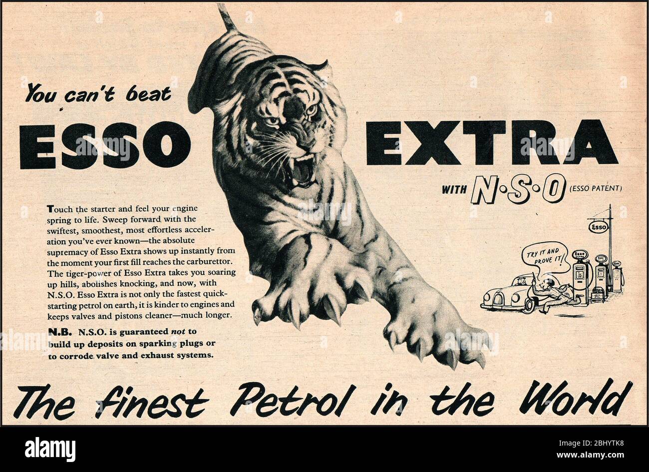 A British Esso Extra petrol (tiger in your tank) advertisement  (1954). The Esso brand and the Mobil brand are the primary brand names of Exxon Mobil. In Britain the company started in In 1888 when  the the Anglo American Oil Company opened its  London head office. It eventually became a part of Esso Stock Photo