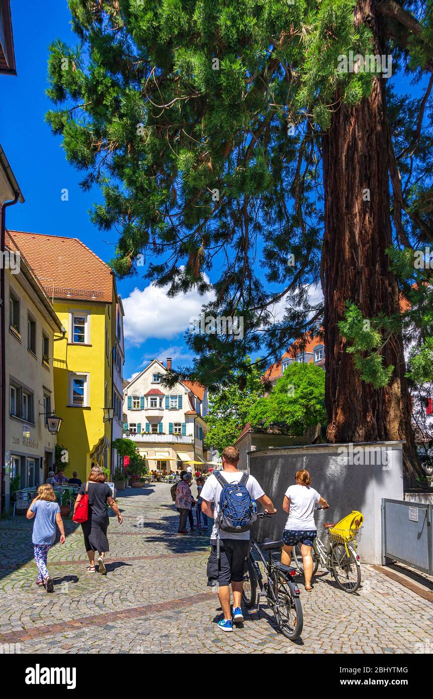 Urban scene on Lingg Street in the Old Town of Lindau in Lake Constance, Bavaria, Germany, Europe. Stock Photo