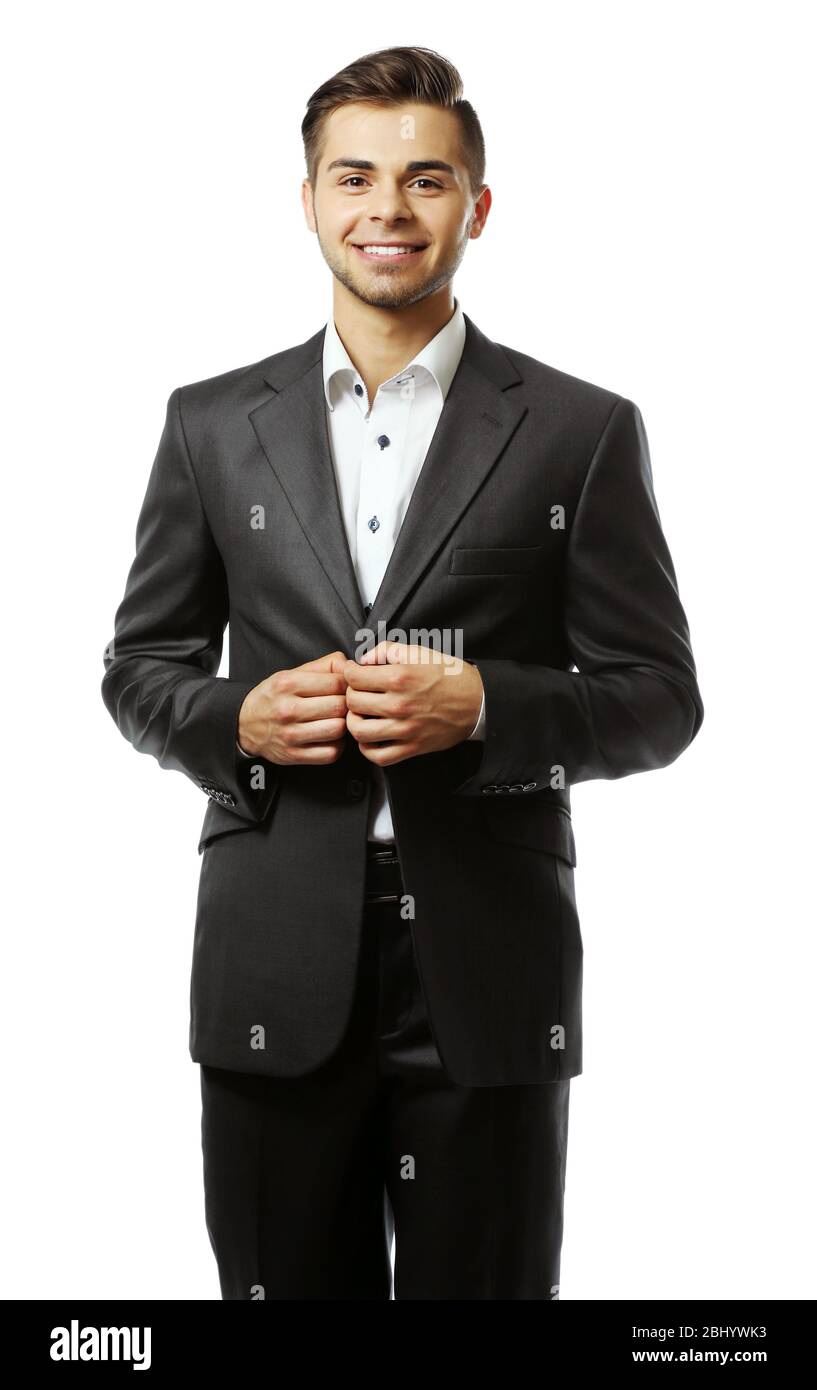 Elegant man in suit isolated on white Stock Photo - Alamy