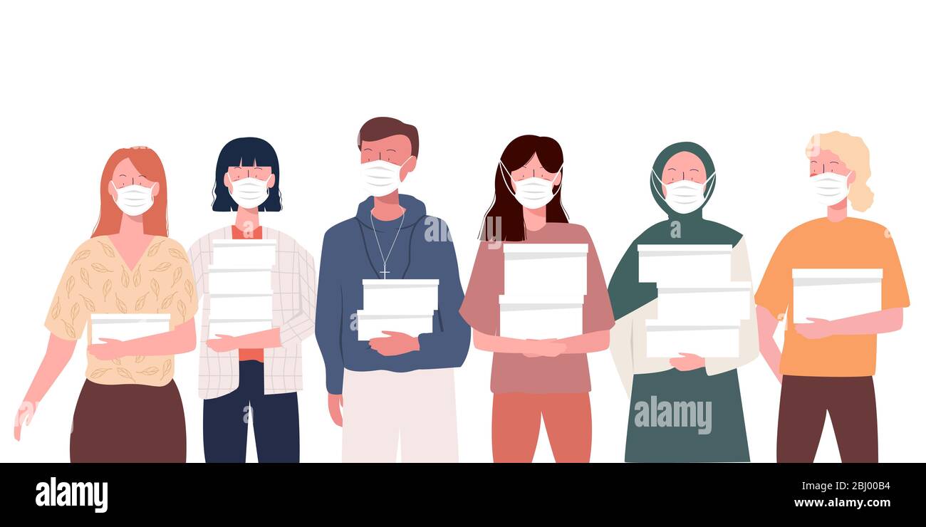 volunteers wearing health mask from various ethnic groups work together bring food donations to the communities affected by corona virus. Modern flat Stock Vector
