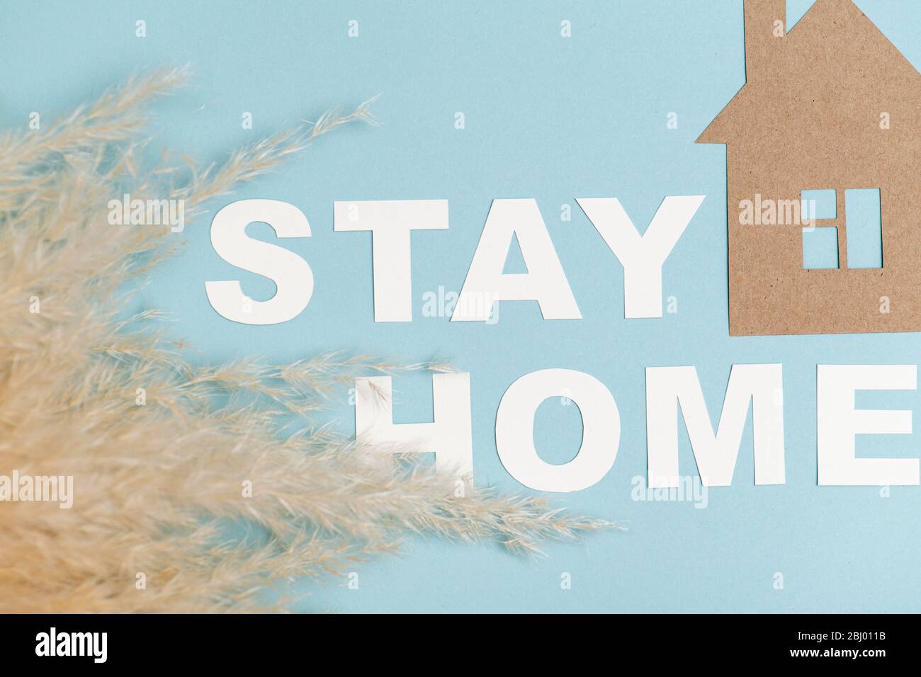 Stay home message laid on a blue surface with paper house and cereal branch Stock Photo