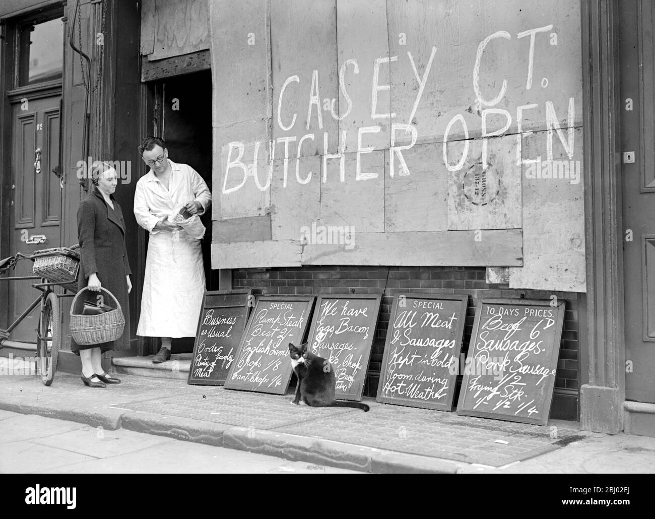 War Crisis, 1939 - Air Raid precautions - The barricaded Butcher's shop. - 8 September 1939 Stock Photo