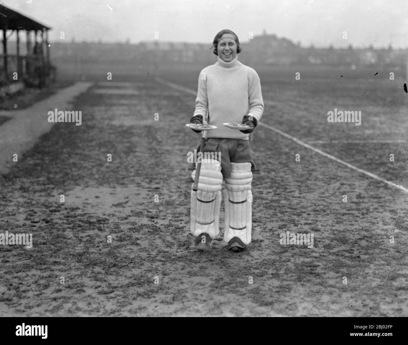 Ladies Hockey at Merton Abbey - Miss Pieree , Surrey second eleven goal keeper - 31 January 1931 Stock Photo