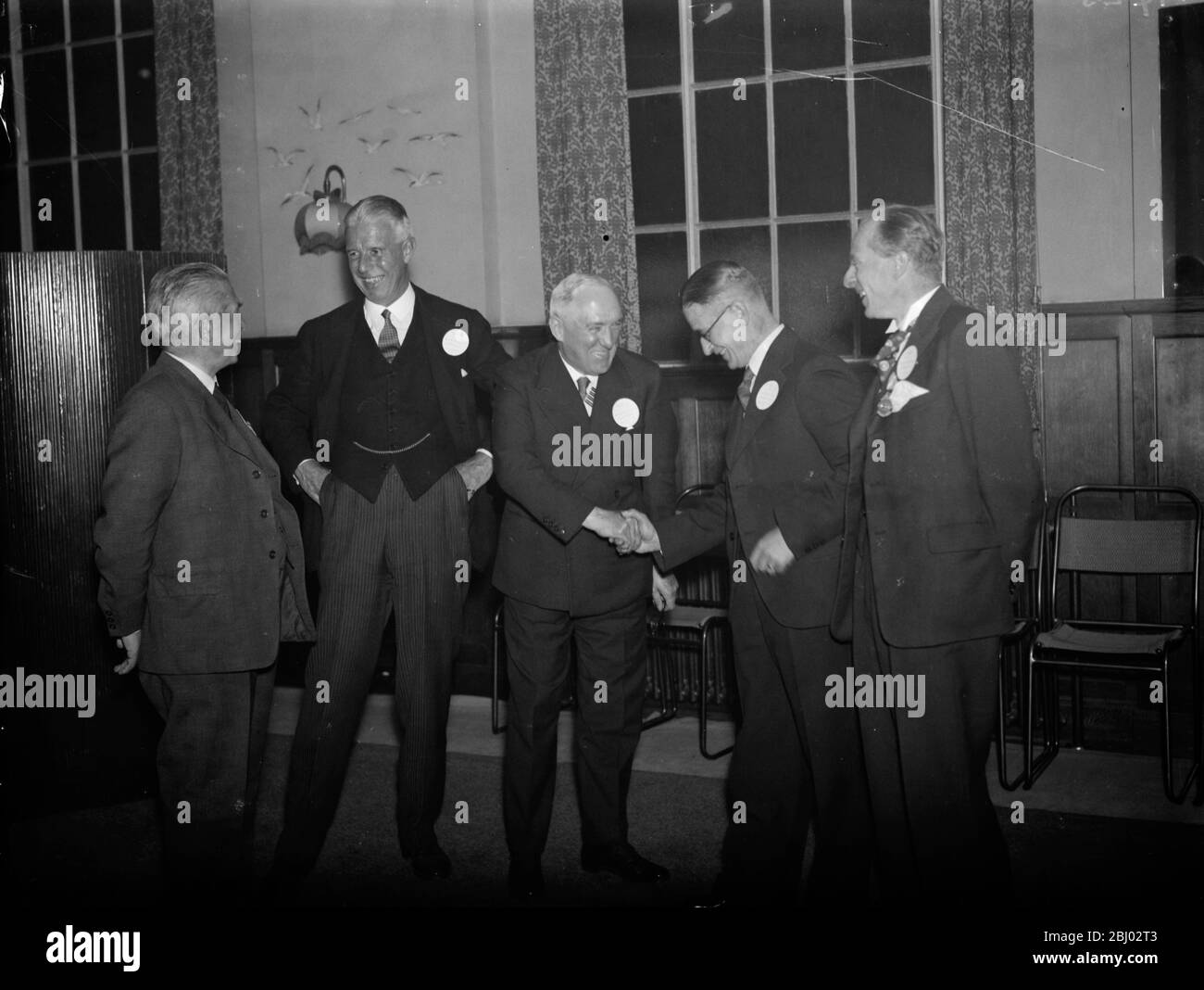 Rotarian supper . South East District . From left to right ; J Lack , Sir Arthur Willert , B Whitworth Hird , WJB Bliss and R Gordon Bradley . - 28 September 1937 . - Stock Photo