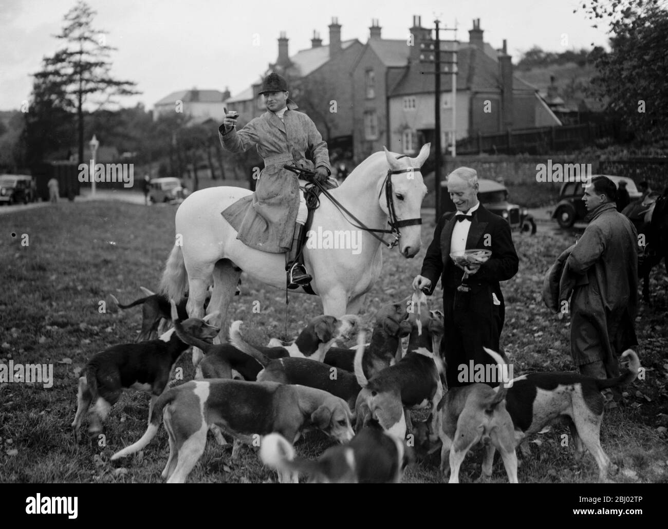 R A Draghunt . Captain Bolton with the hounds . While the waiters provide titbits for the hounds . - 25 October 1937 Stock Photo