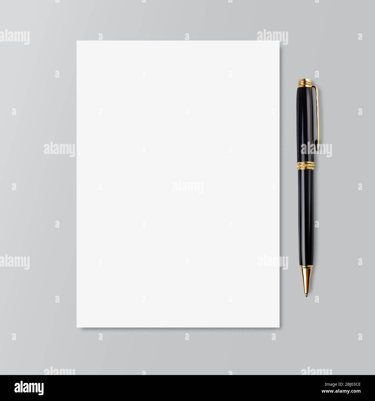 Realistic copybook page with black and gold pen. Mockup. Paper background. Notebook and diary, education, organizer, copybook symbol Stock - Vector Stock Vector
