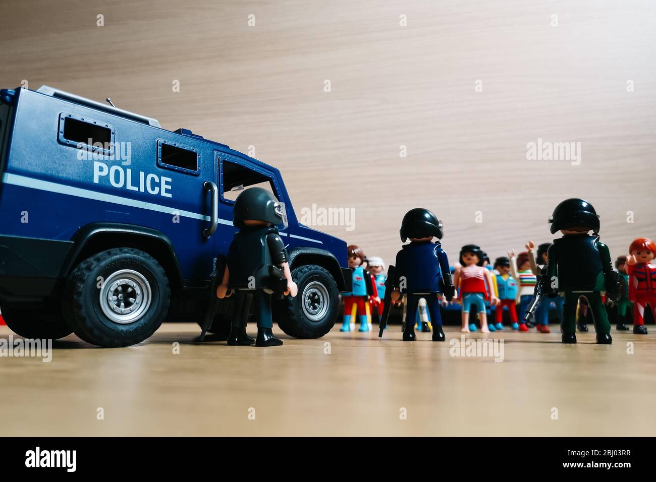 Madrid, Spain - July 13, 2019: Playmobil figurines in scene representing  antiriot police standing against protesters Stock Photo - Alamy